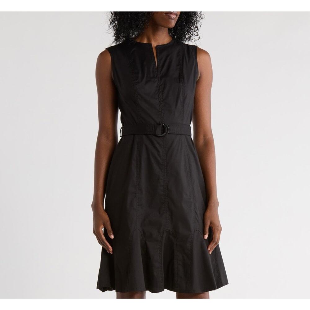 Calvin Klein Black Belted A-Line Dress Womens Size 14 Sleeveless Ruffle Hem